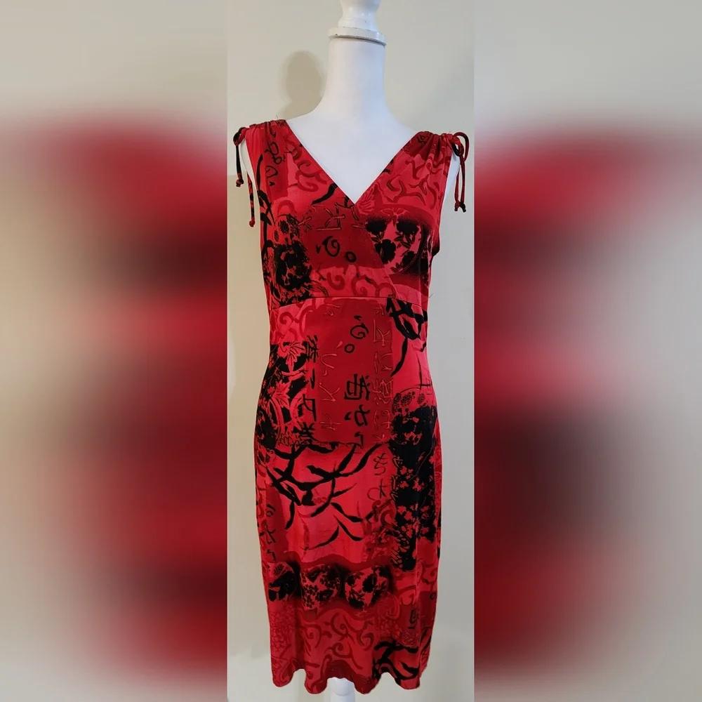 VINTAGE RARE Venus Red and Black V-neck Slip-on Dress Women's Size L - Picture 1 of 8